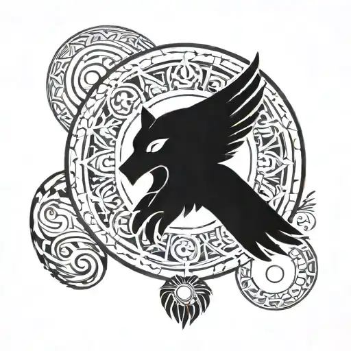 Tribal shoulder tattoo with an owl, lion, wolf, crescent moon, and full moon shadow, blending Native American and Africa tattoo design idea
