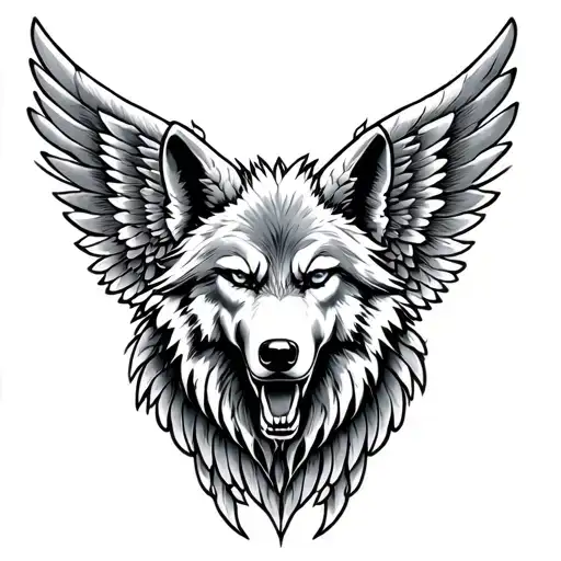 Harley Davison, wolf, angel wings tattoo design idea