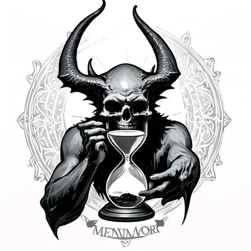 demon standing holding an hourglass engraved Memento mori tattoo design idea