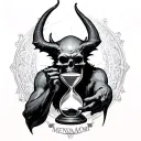 demon standing holding an hourglass engraved Memento mori tattoo design idea