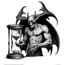 demon standing holding an hourglass engraved Memento mori tattoo design idea