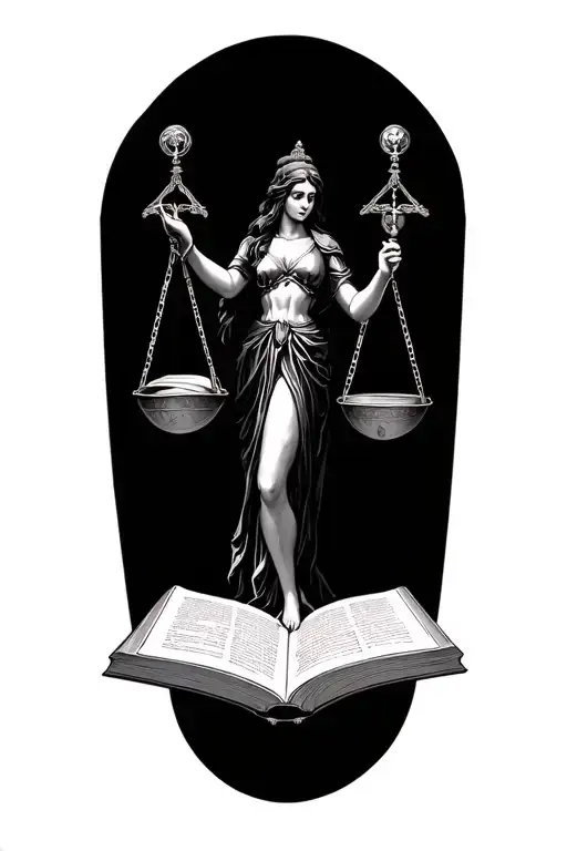 libra goddess holding open book surrounded tattoo design idea