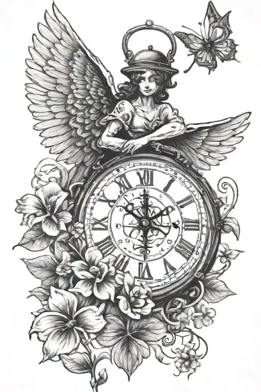 angel an old clock and worn calendar leaf clover tattoo design idea