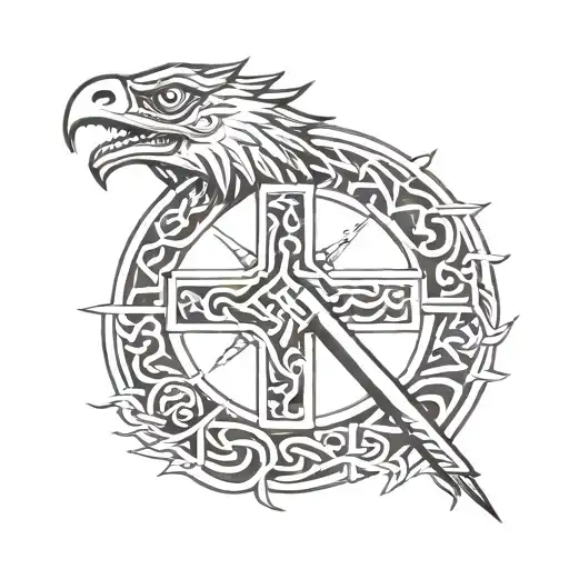 cross with quetzalcoatl making a circle tattoo design idea