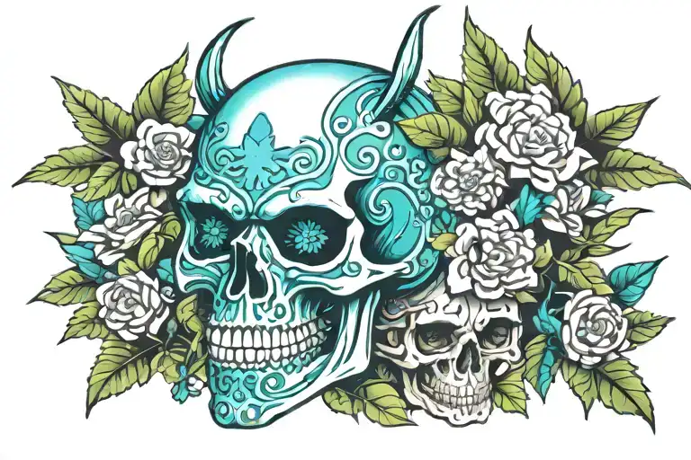 Create a skull sketch in a samurai helmet surrounded by plants, using shades of blue, turquoise, and neon green. The  tattoo design idea