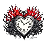 "Mélanie" clock heart in flame tattoo design idea