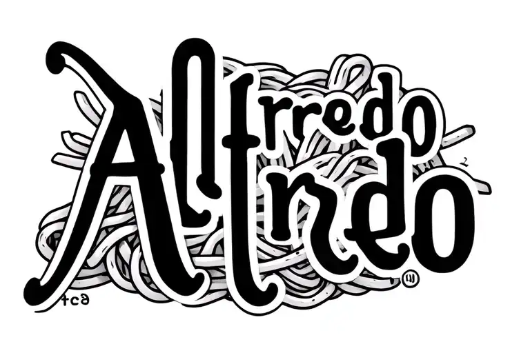 The name Alfredo hidden in a small girly design in a stright line with one piece of pasta. no graphics just text tattoo design idea