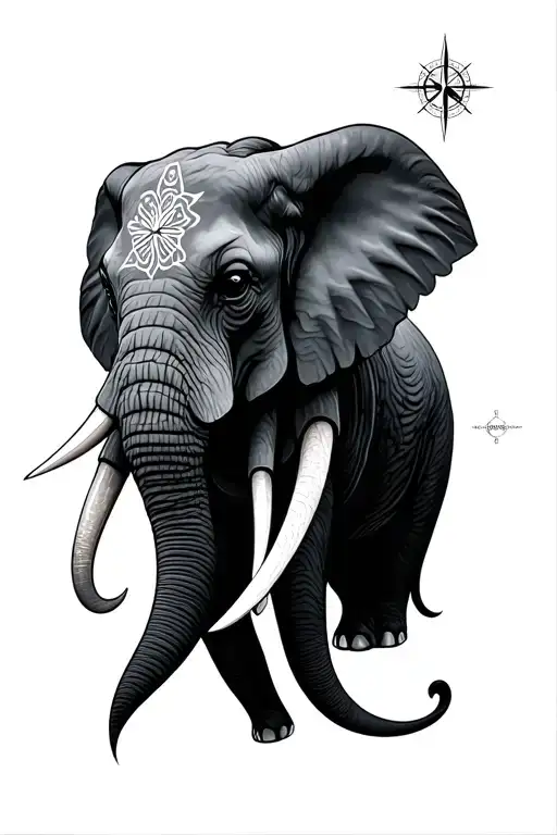 compass elephant head tattoo design idea