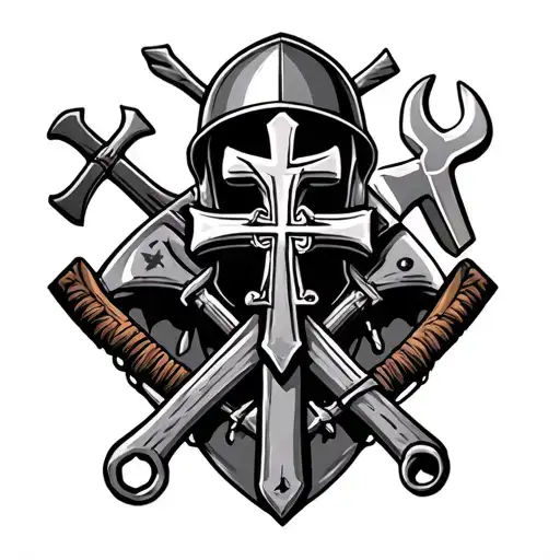 tattoo sleeve design with three crosses, a trojan helmut, a shovel and pick, a wrench, and a cherokee star intertwined  tattoo design idea