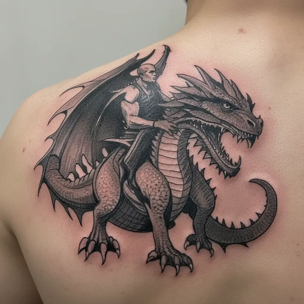 A bald guy dark skin riding a dragon from how to train your dragon tattoo design idea