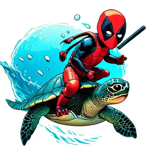 baby deadpool riding a sea turtle swimming tattoo design idea