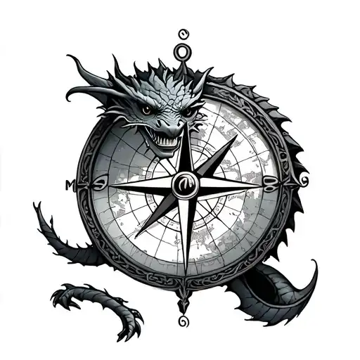 cute dragon, old world compass, map tattoo tattoo design idea