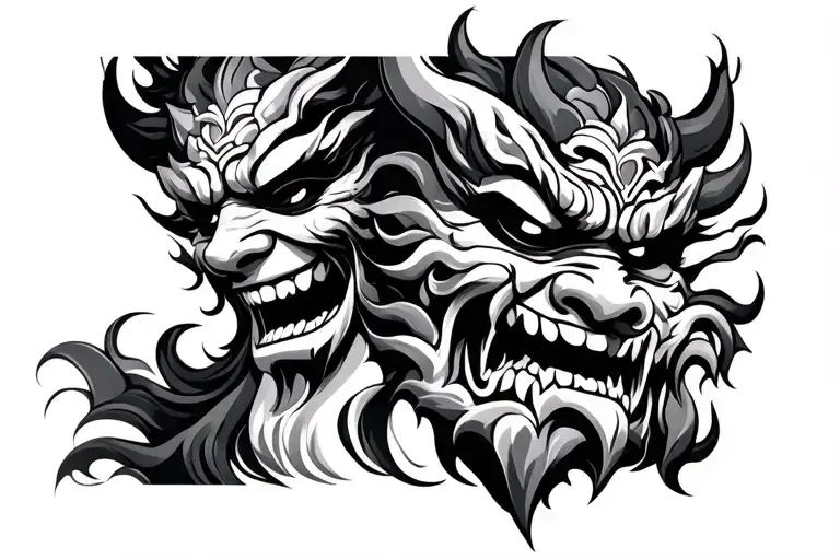 oni mask over man's face tattoo design idea