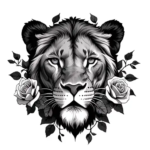 throat lioness with roses nd vines surrounding tattoo design idea