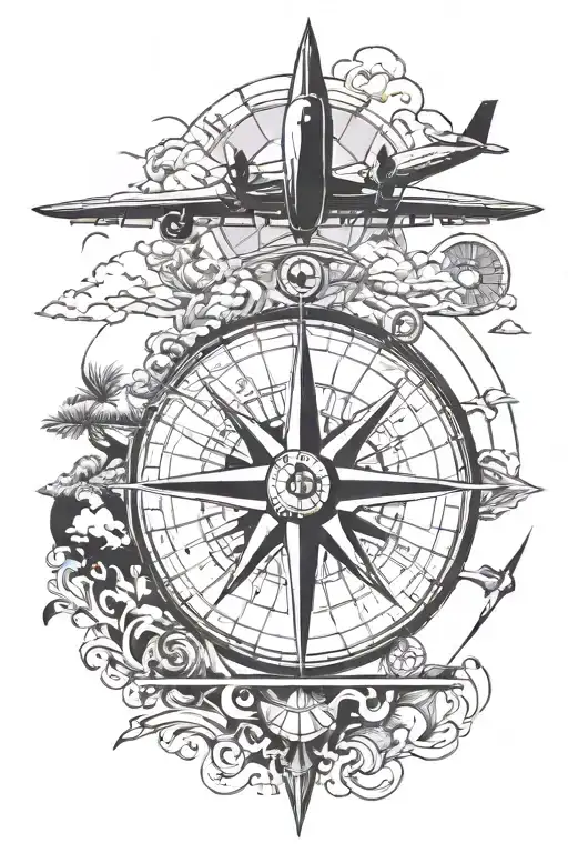 Can you draw me a tattoo that represents travel with a compass rose, an airplane, a paradise island and tattoo design idea