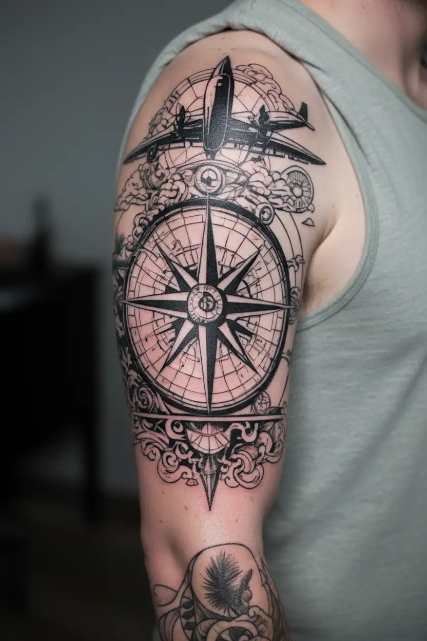 Can you draw me a tattoo that represents travel with a compass rose, an airplane, a paradise island and tattoo design idea