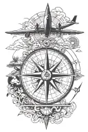 Can you draw me a tattoo that represents travel with a compass rose, an airplane, a paradise island and tattoo design idea