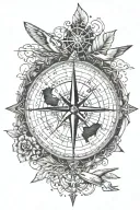 Can you draw me a tattoo that represents travel with a compass rose, an airplane, a paradise island and tattoo design idea