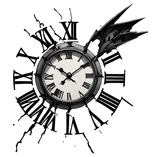 broken clock in Roman numerals with the time 8:15 tattoo design idea