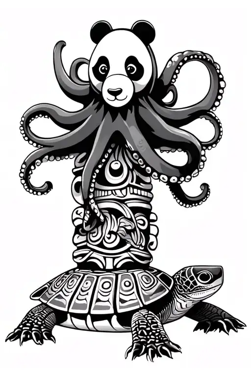 Hawaiian tribal totem pole, sea turtle base, panda center, octopus on top. tattoo design idea