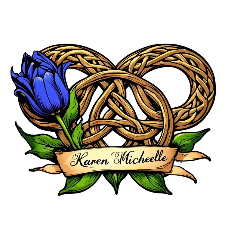 celtic love knot intertwined with blue tulip and ribbon underneath with "Karen Michelle" in cursive script. tattoo design idea