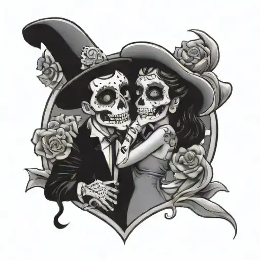 day of the dead pin up couple standing wrapped in a pizza tattoo design idea