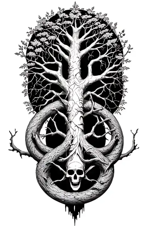 Ouroboros with the tree of life and death in the center tattoo design idea