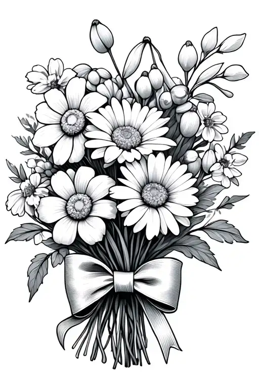 Give me a no color outline tattoo of a bouquet of Snow drop, Sakura, Daisy, Rose, Hawthorn , and Narcissus tied in a bow tattoo design idea
