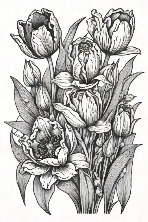 inside diamond shape colored realistic tulips, snowdrop, and poppy flowers. outside shape black line flowers tattoo design idea