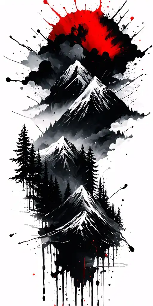 Mountains, dark forests, clouds, brush strokes, and paint splashes tattoo design idea