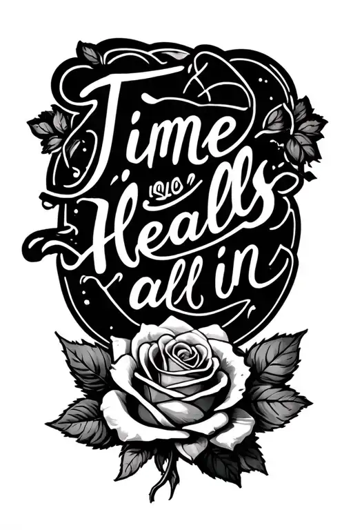 time heals all in cursive and and rose beside it tattoo design idea