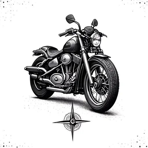 A tattoo design combining a motorcycle and a compass rose to symbolize a love for travel and adventure, with intricate dotwork details tattoo design idea