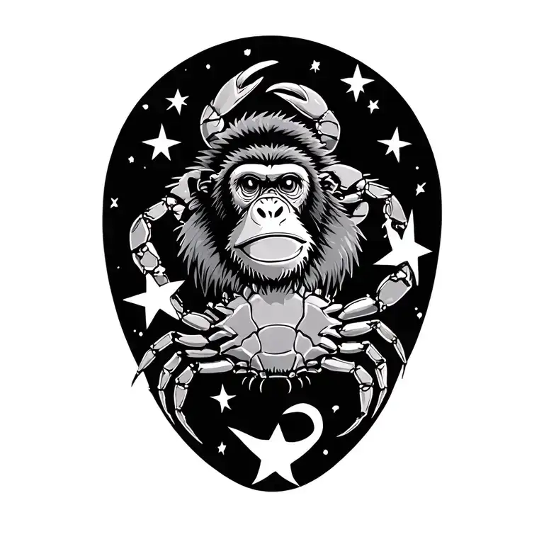 crab and monkey surrounded by stars tattoo design idea