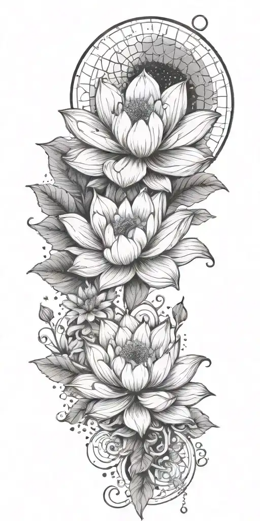 central lotus flower, celestial elements like stars and planets, sacred geometry, and serene landscapes such as mountain tattoo design idea