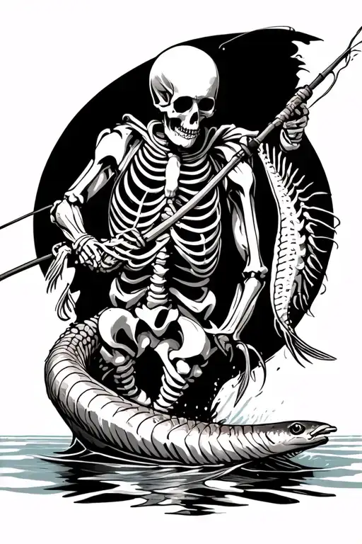 skeleton fisherman reeling an eel skeleton tattoo design idea