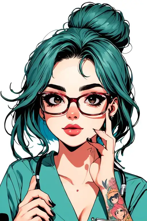pinup, scrubs, messy bun, glasses, cute,id badge, nails, big boobs,side view tattoo design idea