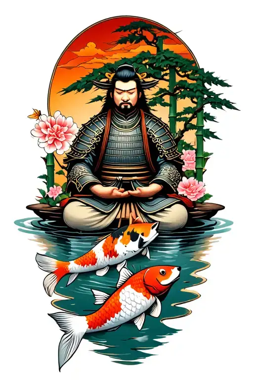 a samurai in armor meditating along with a koi fish swimming upstream, a fox, bamboo tree and Chrysanthemum flowers tattoo design idea
