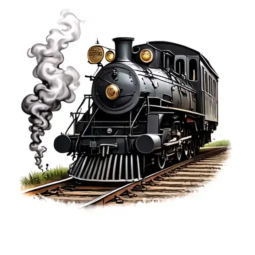 1800s only black and grey locomotive on the tracks smoking  tattoo design idea