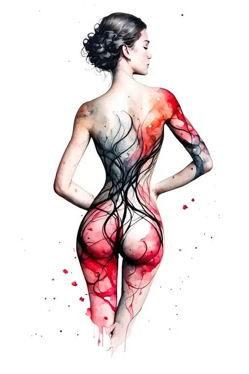 large woman's back norigae lines various fine lines flow knots blacks reds  tattoo design idea
