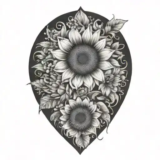 sunflower, rose, and chrysanthemum, flower surrounded tattoo design idea