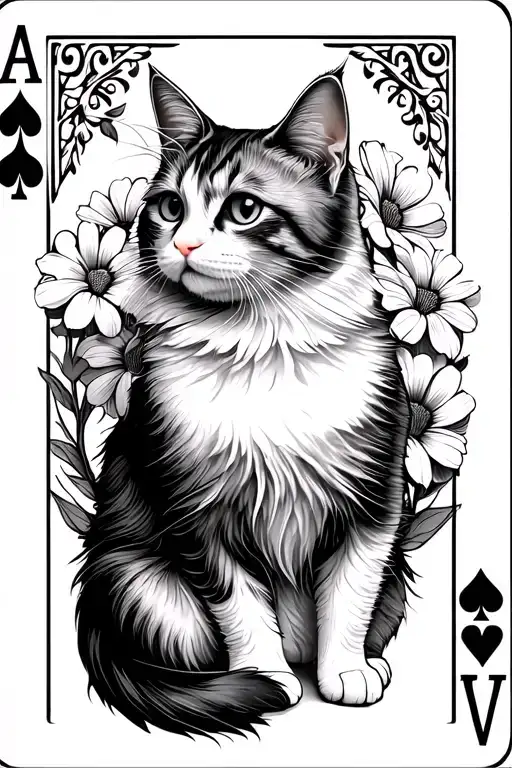 create a folksy tattoo of a cat as a playing card. The cat is all white and long haired, facing sideways. include flower tattoo design idea