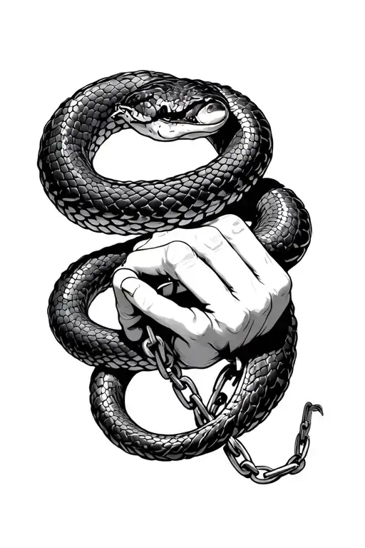 Snake around a wounded hand that is locked by cuff and hold by chain  tattoo design idea