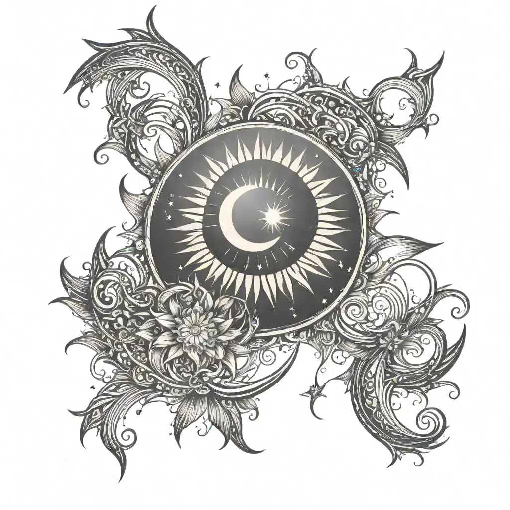 Design a pair of matching forearm tattoos featuring a stylized crescent moon and sunburst. Each tattoo incorporates a crescent moon at the center, with one surrounded by rays representing the sun, while the other features detailed lines resembling a radiant burst. Both tattoos use bold black ink, with fine lines extending outward from the central moon, creating a balanced and harmonious composition. The designs are modern and minimalist, yet carry a celestial theme, symbolizing duality and connection between light and dark, or sun and moon. tattoo design idea