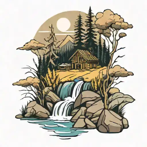 mountain with a river cabin and cornfield abyss tattoo design idea