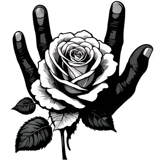two fingers of skeloten on the pinky finger and the ring finger and a rose on the back of the hand and show the whole ha tattoo design idea