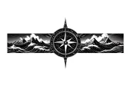 large compass with long north point surrounded by intricate geometric moutains and waves. black and white tattoo design idea