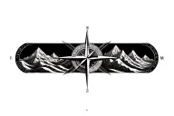 large compass with long north point surrounded by intricate geometric moutains and waves. black and white tattoo design idea