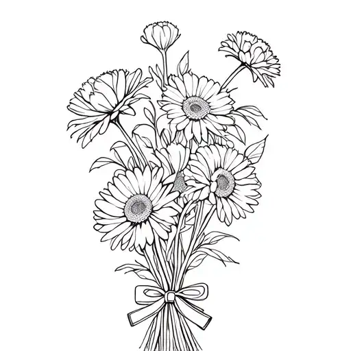 fine line flower bouquet carnations, asters, chrysanthemums with bow around stems tattoo design idea