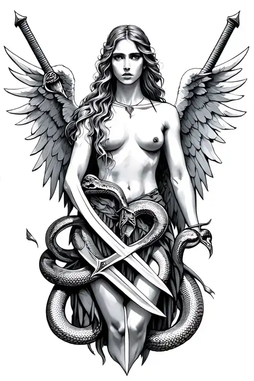 Wounded Angel with swords and snakes tattoo design idea