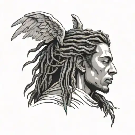 male Angel Praying with dreads reaching his neck tattoo design idea